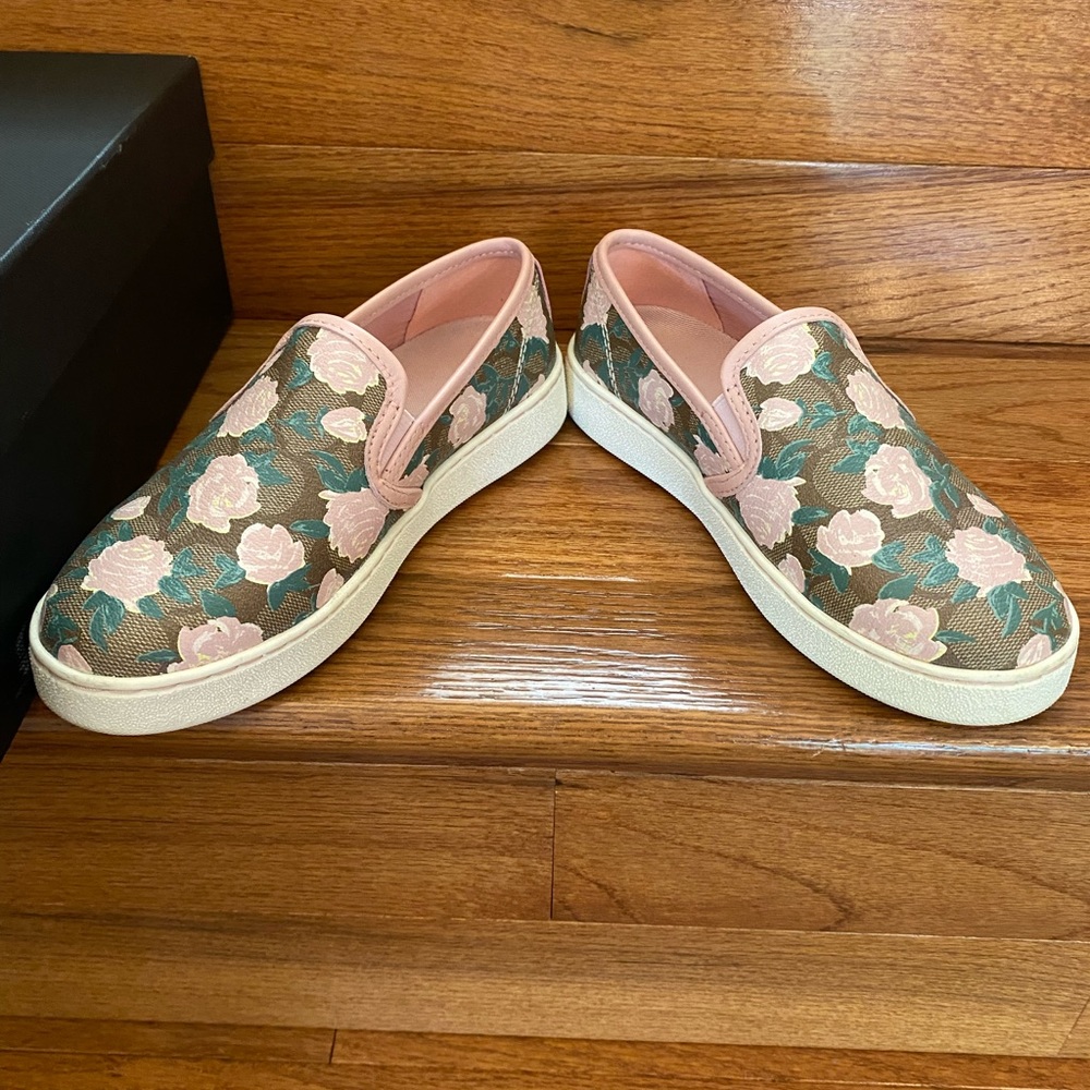 Pink Rose Coach floral slip ons